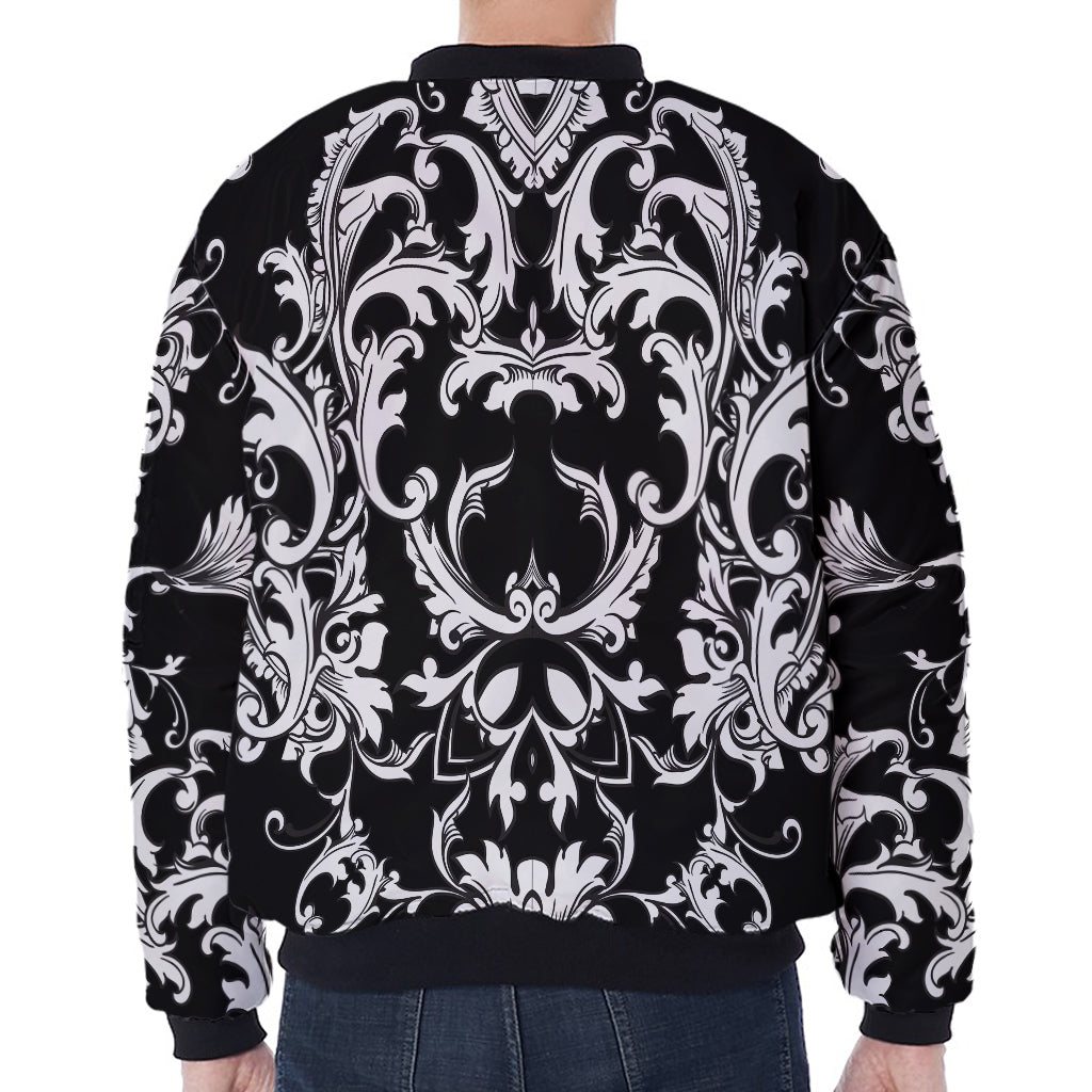 Black And White Damask Pattern Print Zip Sleeve Bomber Jacket