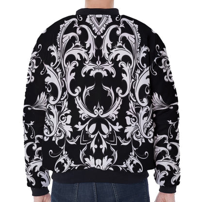 Black And White Damask Pattern Print Zip Sleeve Bomber Jacket