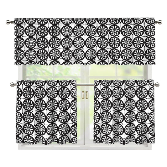 Black And White Dartboard Pattern Print 3 Piece Kitchen Curtains