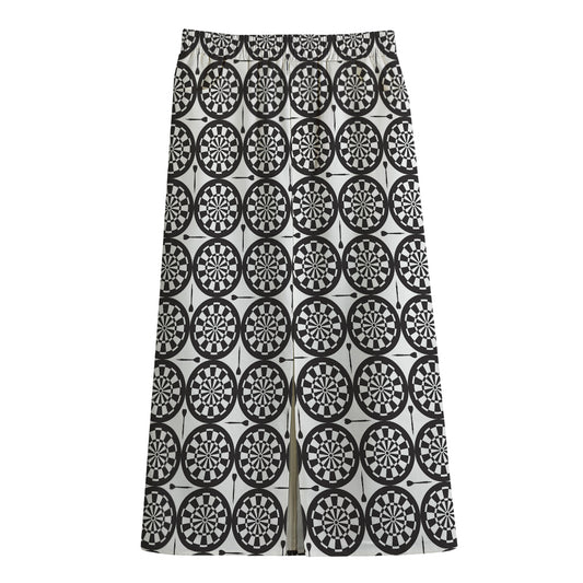 Black And White Dartboard Pattern Print Cotton Front Slit Maxi Skirt