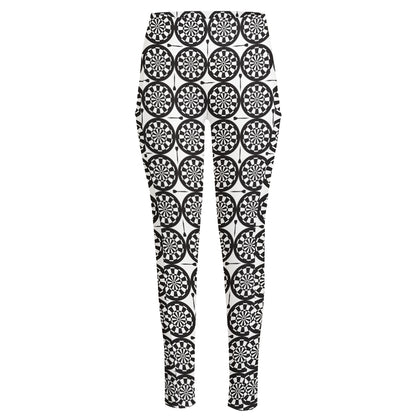 Black And White Dartboard Pattern Print High-Waisted Pocket Leggings