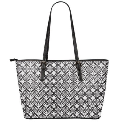 Black And White Dartboard Pattern Print Leather Tote Bag