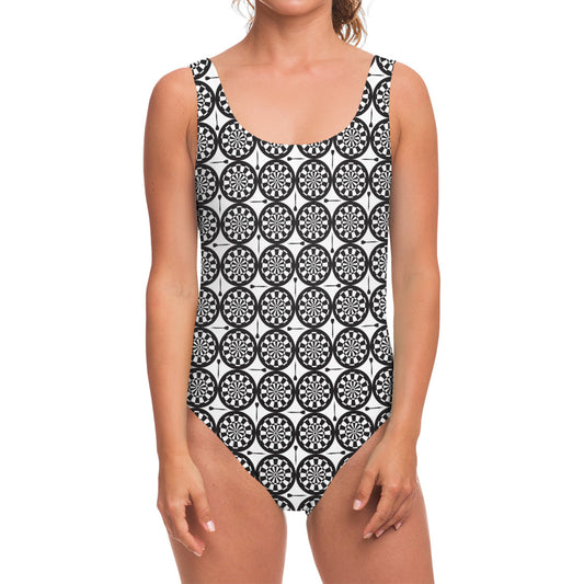 Black And White Dartboard Pattern Print One Piece Swimsuit