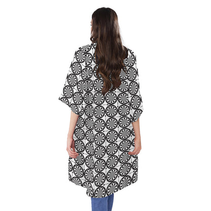 Black And White Dartboard Pattern Print Open Front Beach Cover Up
