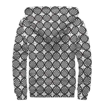 Black And White Dartboard Pattern Print Sherpa Lined Zip Up Hoodie