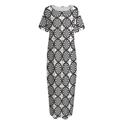 Black And White Dartboard Pattern Print Short Sleeve Long Nightdress