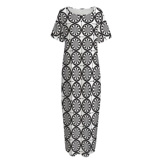 Black And White Dartboard Pattern Print Short Sleeve Long Nightdress