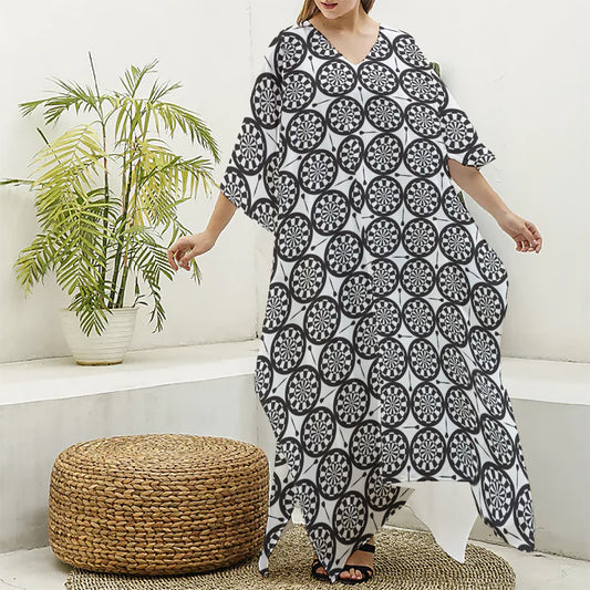Black And White Dartboard Pattern Print Silk V-Neck Kaftan Dress