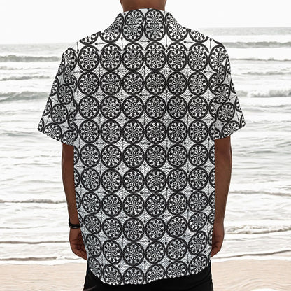 Black And White Dartboard Pattern Print Textured Short Sleeve Shirt