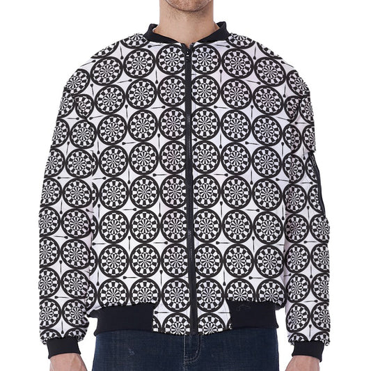 Black And White Dartboard Pattern Print Zip Sleeve Bomber Jacket