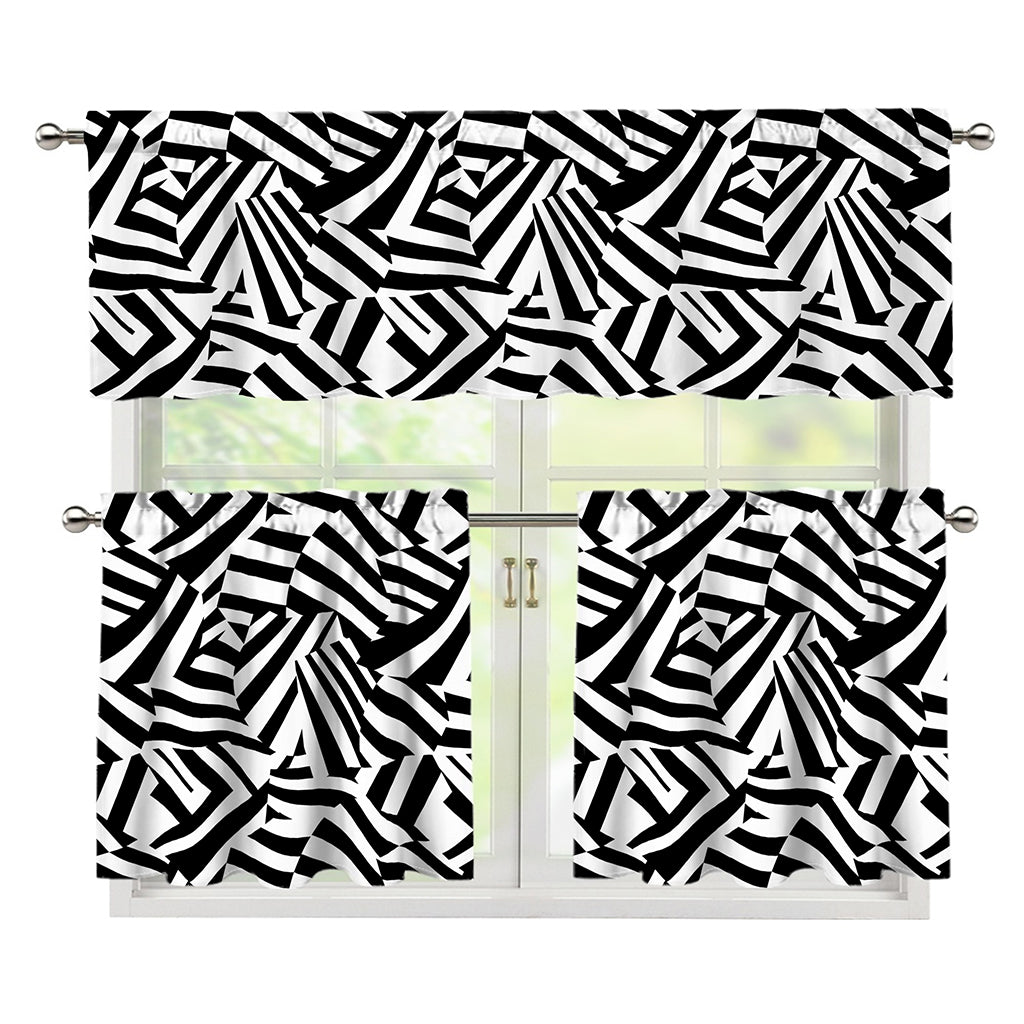 Black And White Dazzle Pattern Print 3 Piece Kitchen Curtains