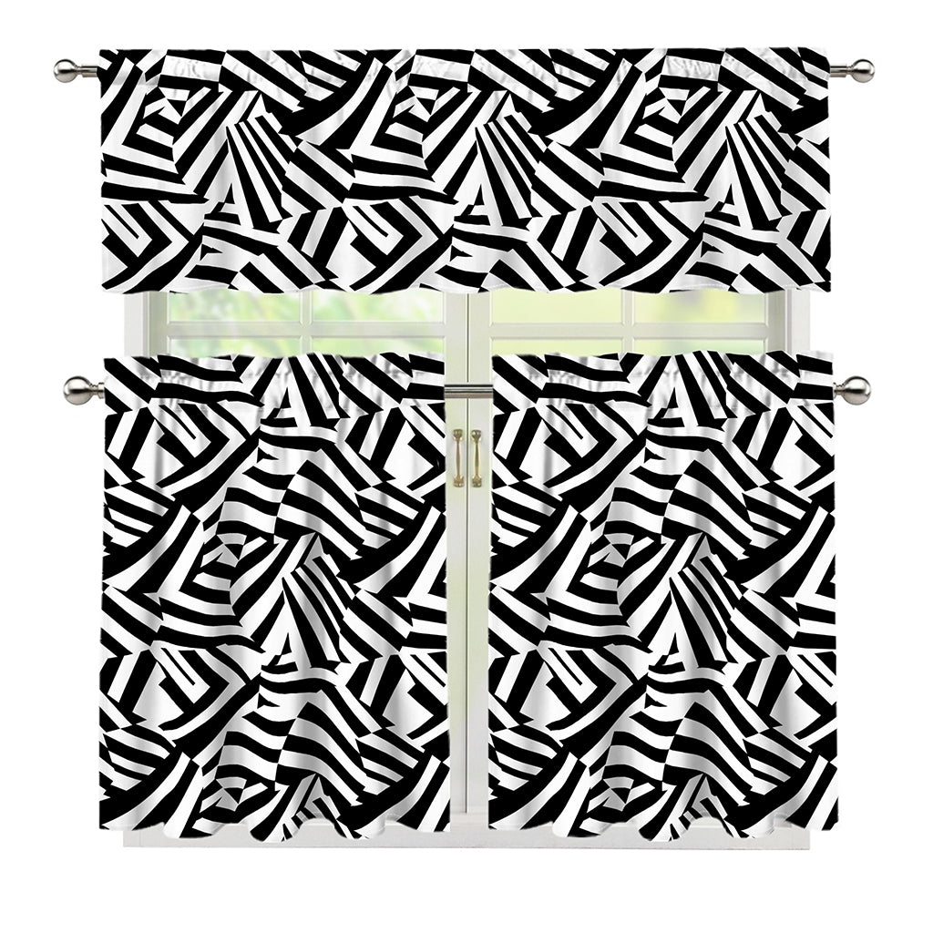 Black And White Dazzle Pattern Print 3 Piece Kitchen Curtains