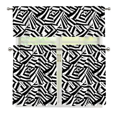 Black And White Dazzle Pattern Print 3 Piece Kitchen Curtains