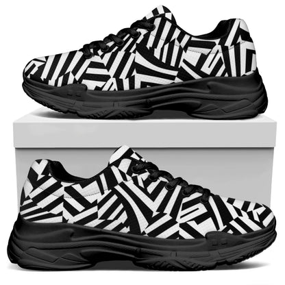 Black And White Dazzle Pattern Print Black Chunky Shoes