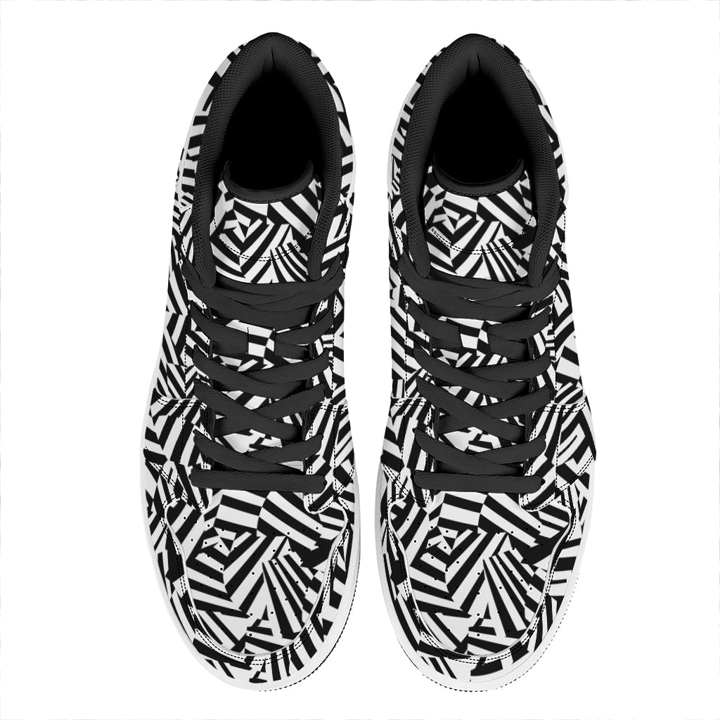 Black And White Dazzle Pattern Print High Top Leather Sneakers