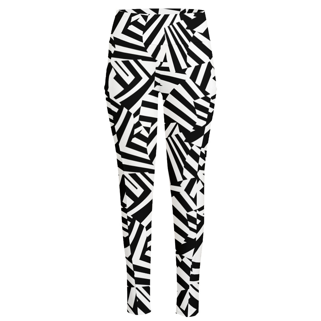 Black And White Dazzle Pattern Print High-Waisted Pocket Leggings