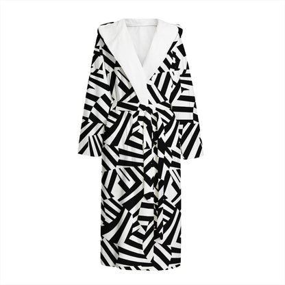 Black And White Dazzle Pattern Print Hooded Bathrobe