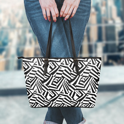 Black And White Dazzle Pattern Print Leather Tote Bag