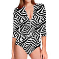 Black And White Dazzle Pattern Print Long Sleeve Swimsuit