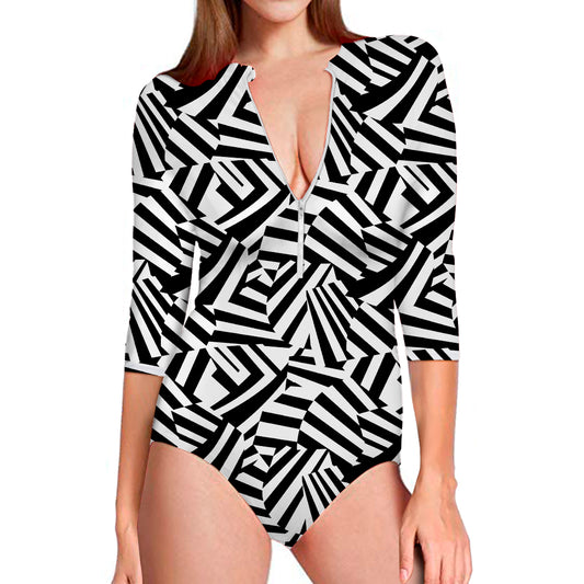Black And White Dazzle Pattern Print Long Sleeve Swimsuit