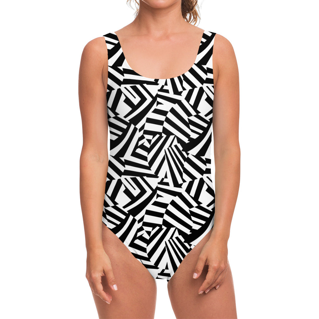 Black And White Dazzle Pattern Print One Piece Swimsuit