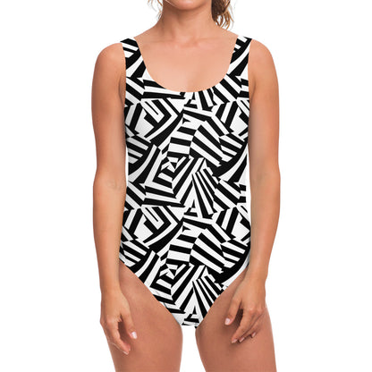 Black And White Dazzle Pattern Print One Piece Swimsuit