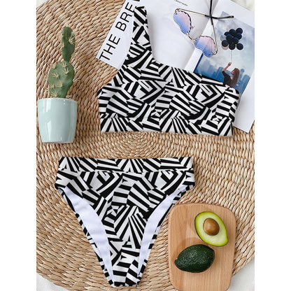 Black And White Dazzle Pattern Print One Shoulder Bikini Top