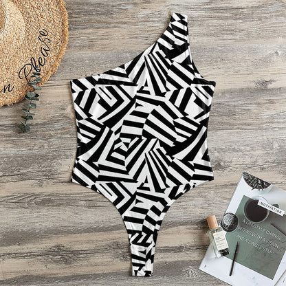 Black And White Dazzle Pattern Print One Shoulder Bodysuit