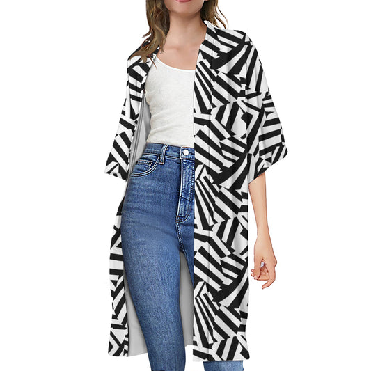 Black And White Dazzle Pattern Print Open Front Beach Cover Up