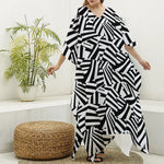 Black And White Dazzle Pattern Print Silk V-Neck Kaftan Dress
