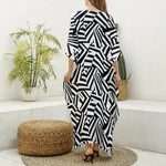 Black And White Dazzle Pattern Print Silk V-Neck Kaftan Dress