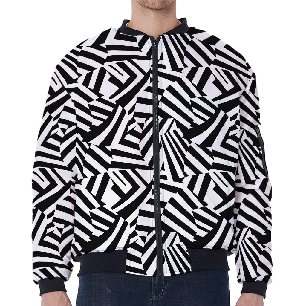 Black And White Dazzle Pattern Print Zip Sleeve Bomber Jacket