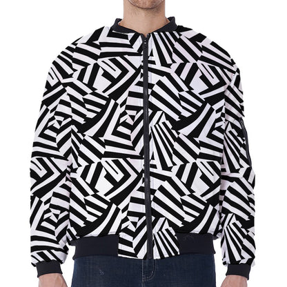 Black And White Dazzle Pattern Print Zip Sleeve Bomber Jacket
