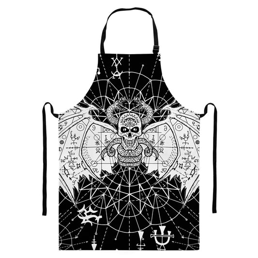 Black And White Demon Wicca Print Bib Apron With Pocket