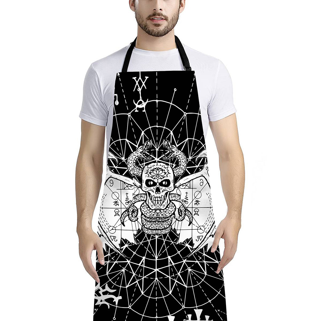 Black And White Demon Wicca Print Bib Apron With Pocket