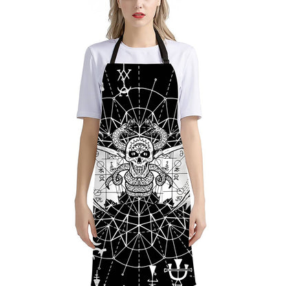 Black And White Demon Wicca Print Bib Apron With Pocket