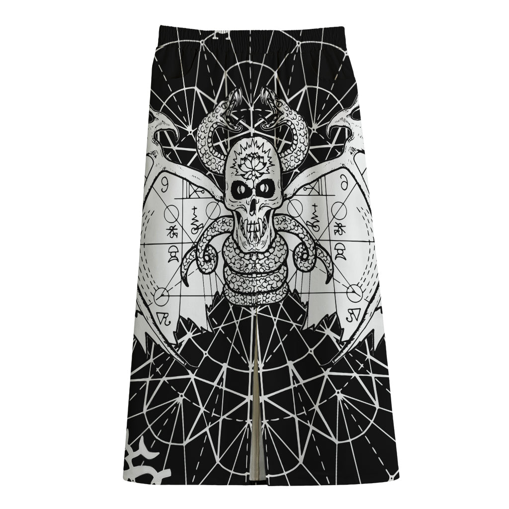 Black And White Demon Wicca Print Cotton Front Slit Maxi Skirt