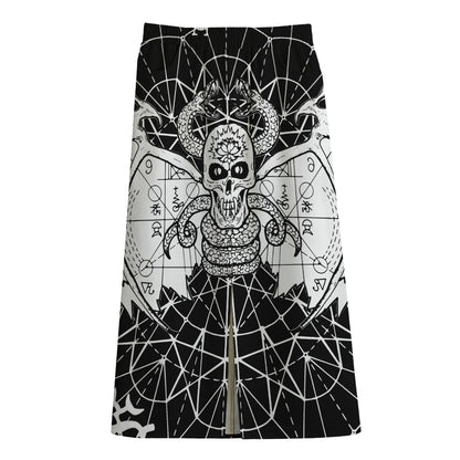 Black And White Demon Wicca Print Cotton Front Slit Maxi Skirt
