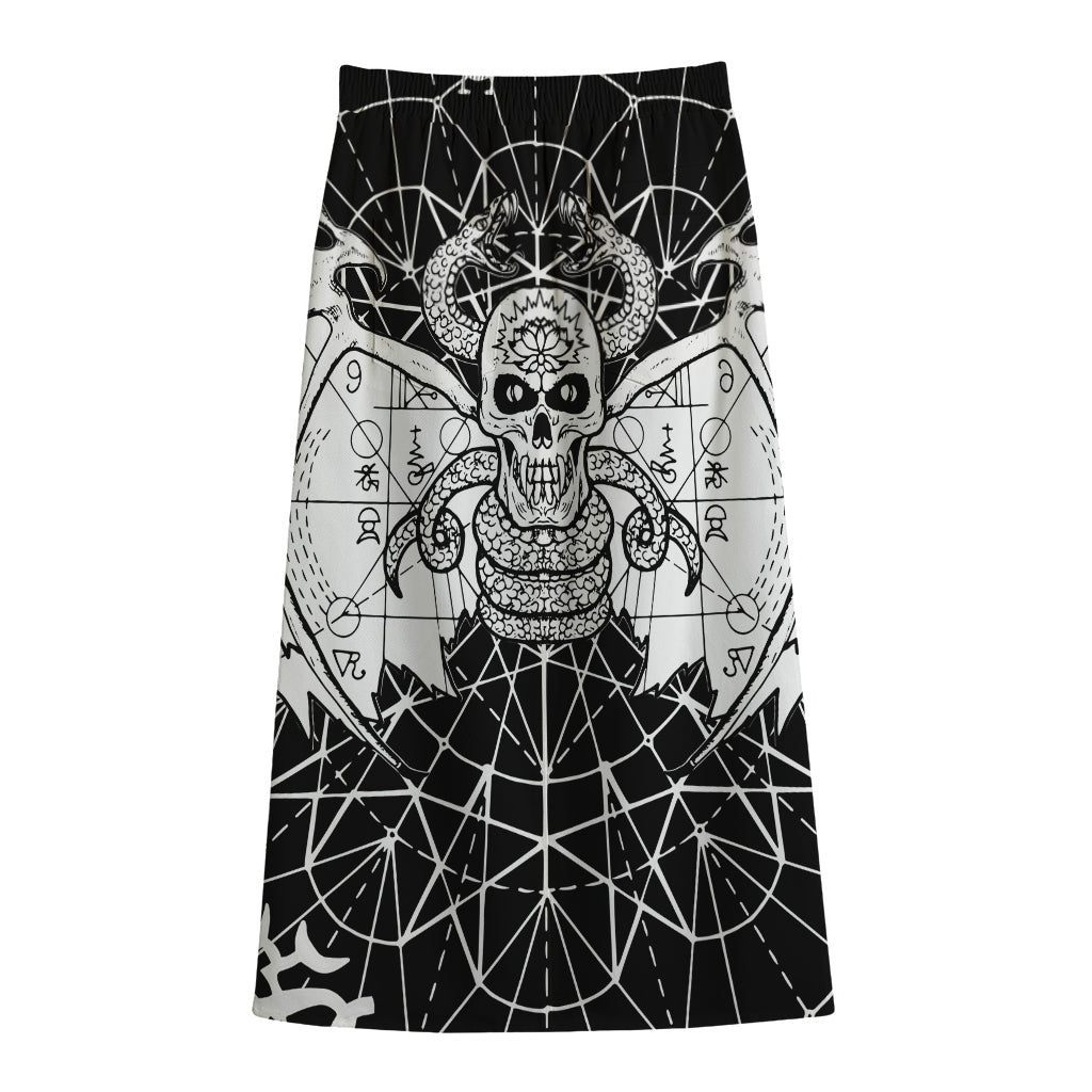 Black And White Demon Wicca Print Cotton Front Slit Maxi Skirt