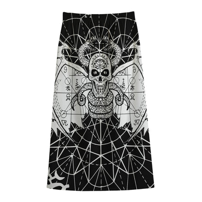 Black And White Demon Wicca Print Cotton Front Slit Maxi Skirt