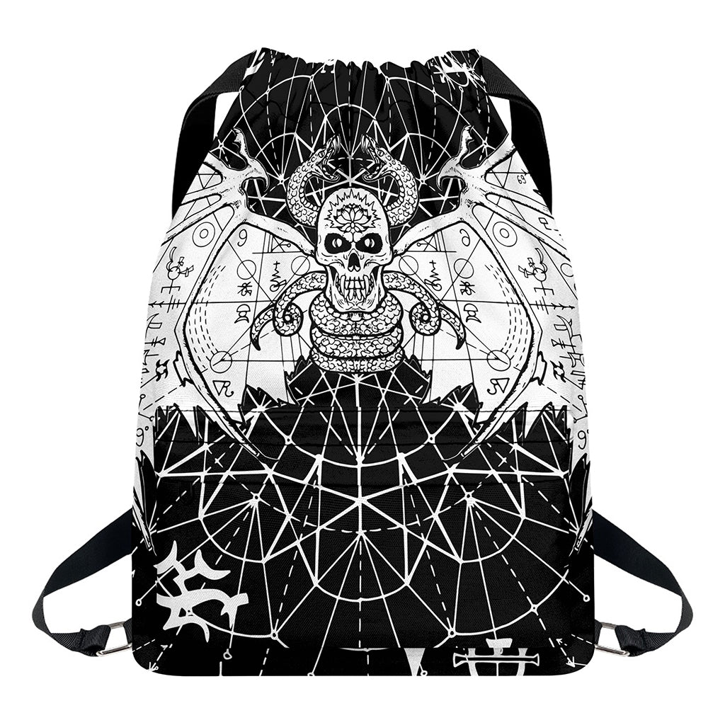 Black And White Demon Wicca Print Drawstring Backpack