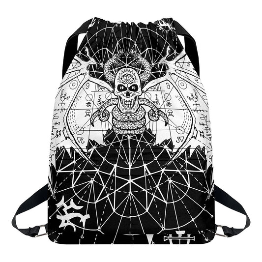 Black And White Demon Wicca Print Drawstring Backpack