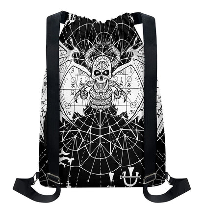 Black And White Demon Wicca Print Drawstring Backpack