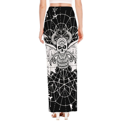 Black And White Demon Wicca Print High Slit Maxi Skirt