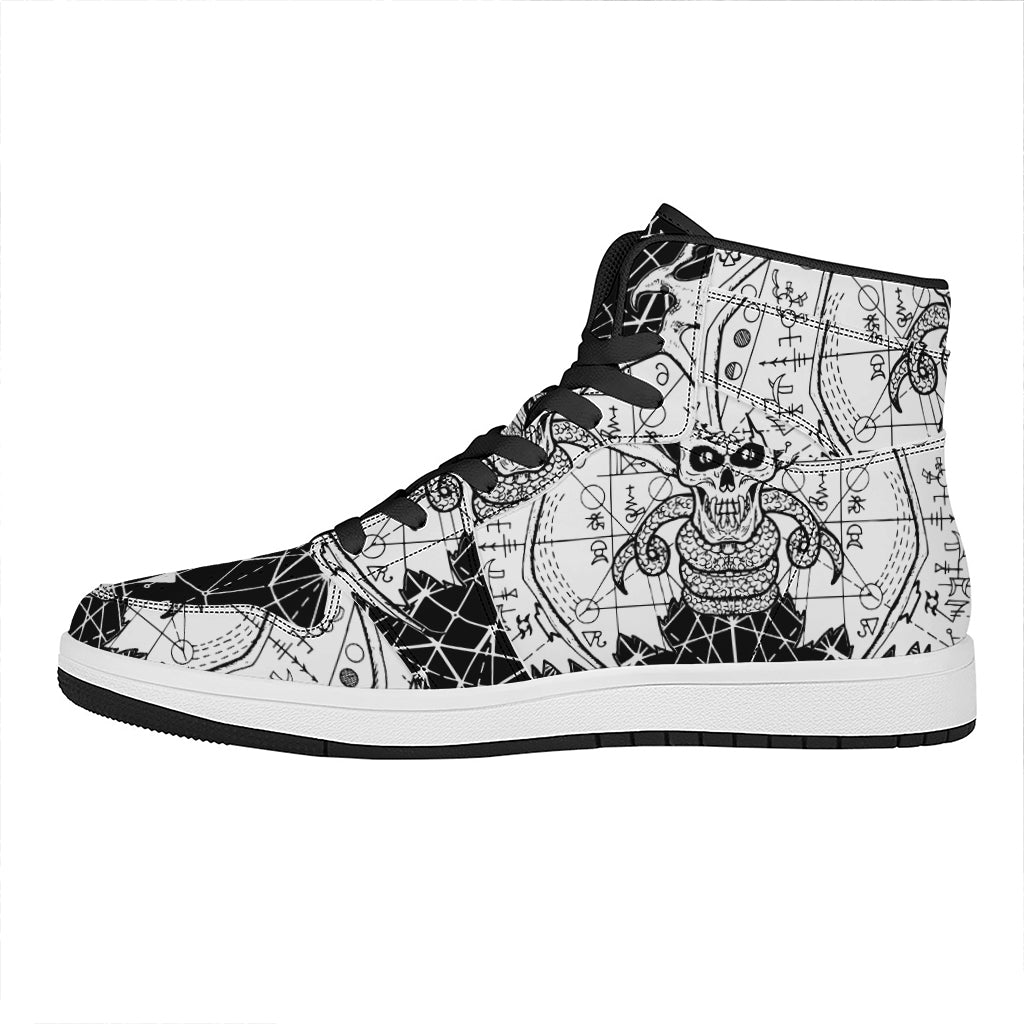 Black And White Demon Wicca Print High Top Leather Sneakers