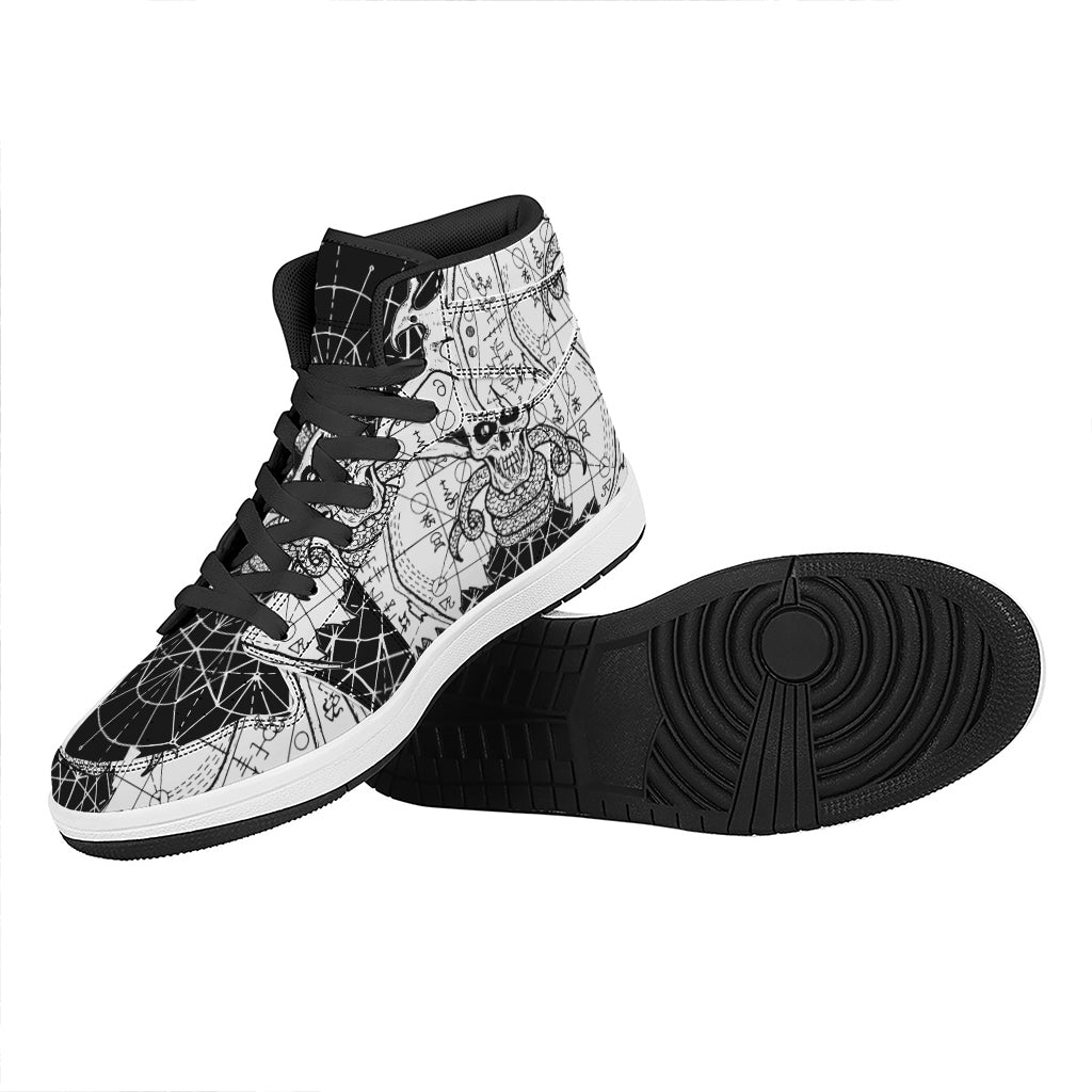 Black And White Demon Wicca Print High Top Leather Sneakers