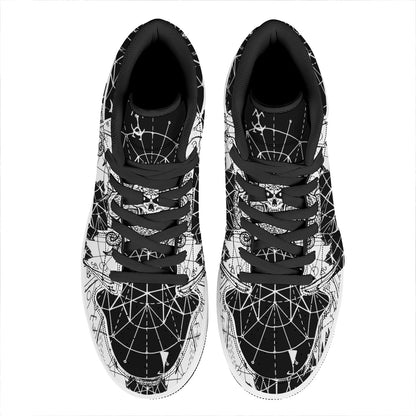 Black And White Demon Wicca Print High Top Leather Sneakers