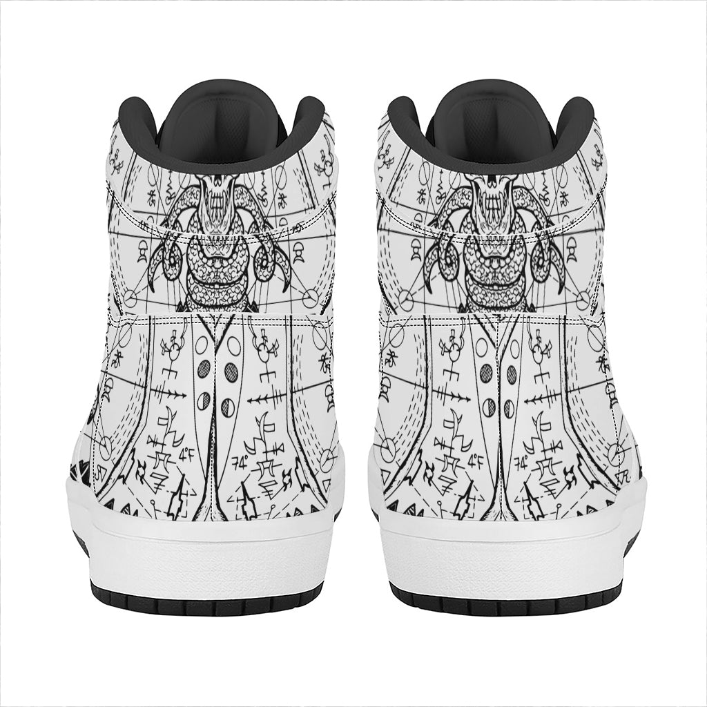 Black And White Demon Wicca Print High Top Leather Sneakers