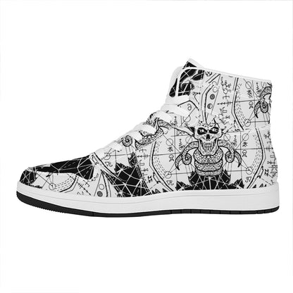 Black And White Demon Wicca Print High Top Leather Sneakers