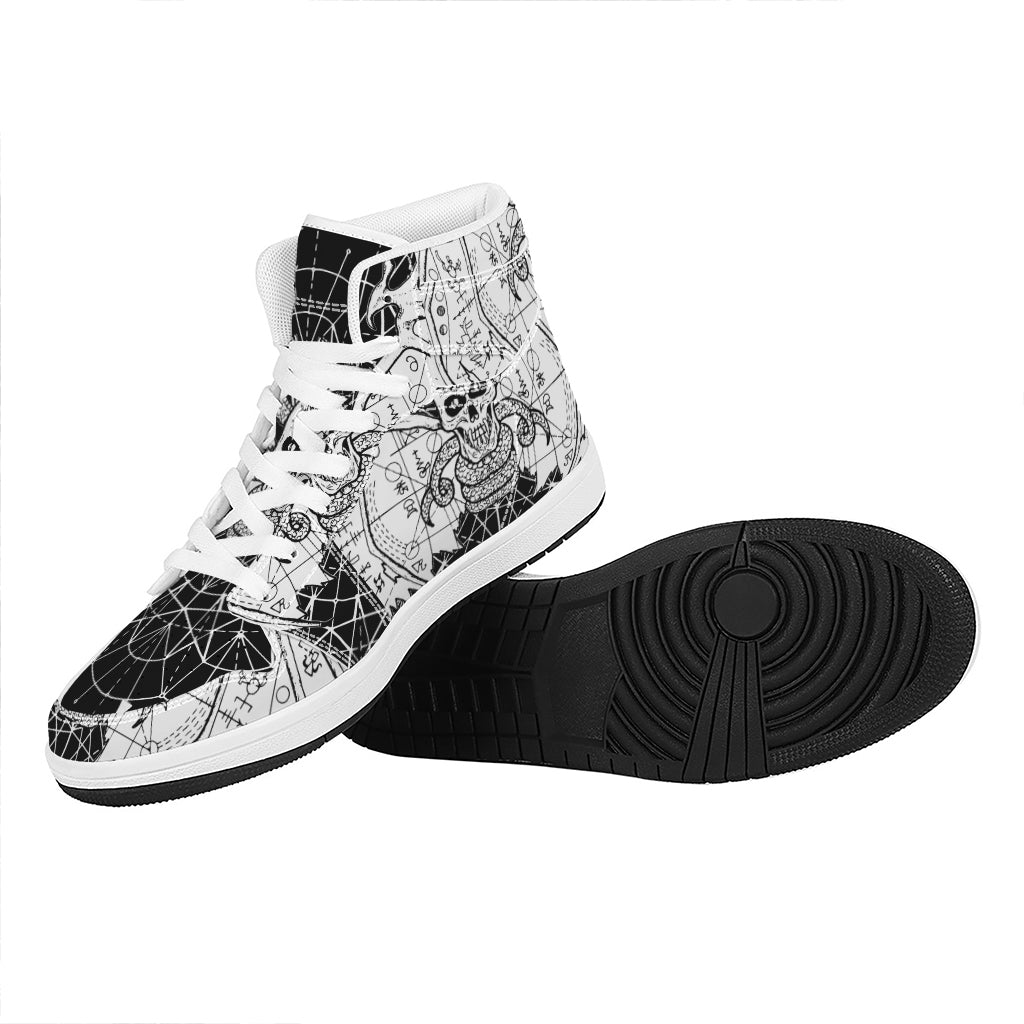Black And White Demon Wicca Print High Top Leather Sneakers